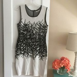 Sioni black cream knit artsy Knee Length dress L